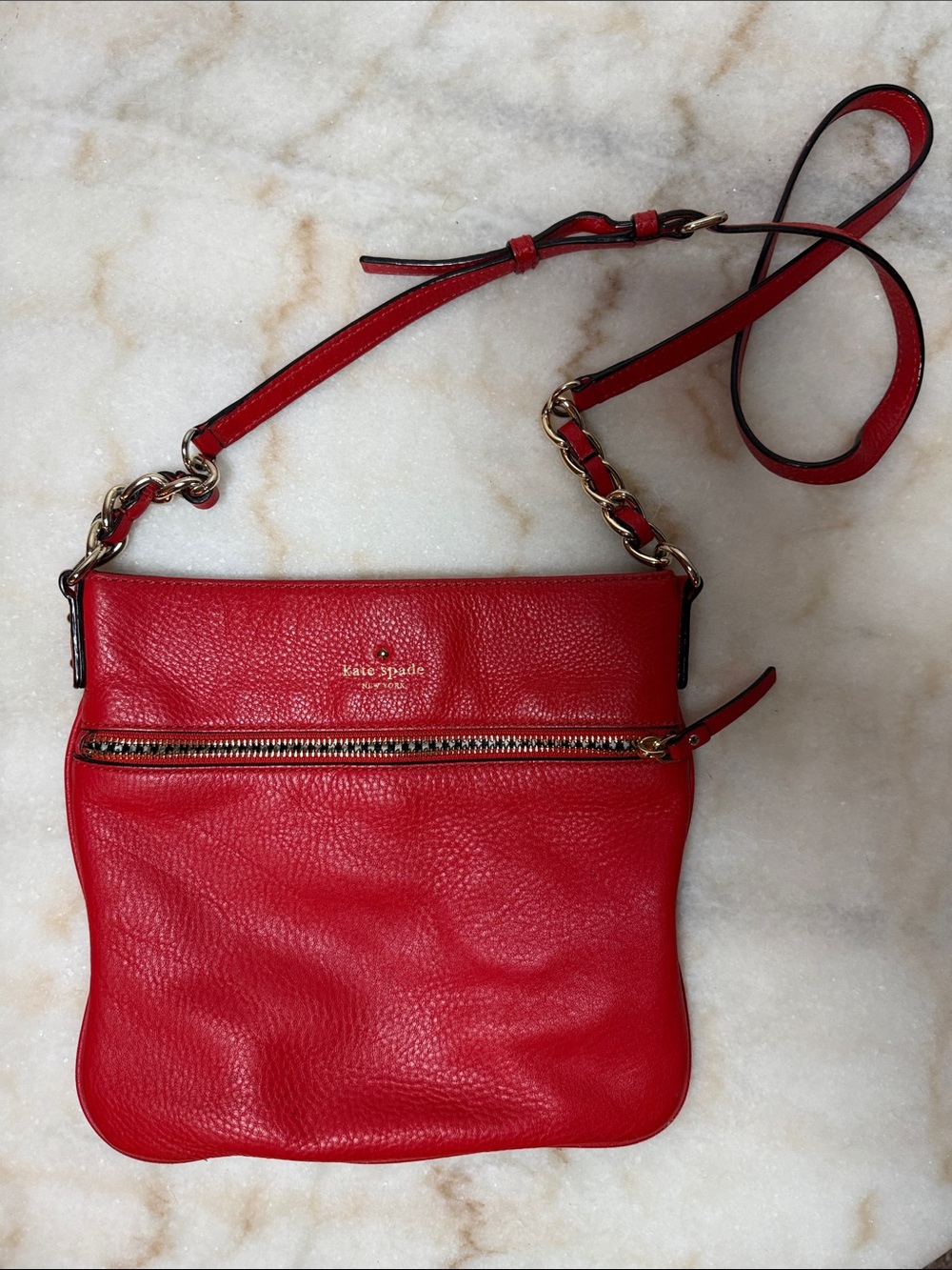 kate spade Red Pebbled Leather Crossbody with Gold Chain